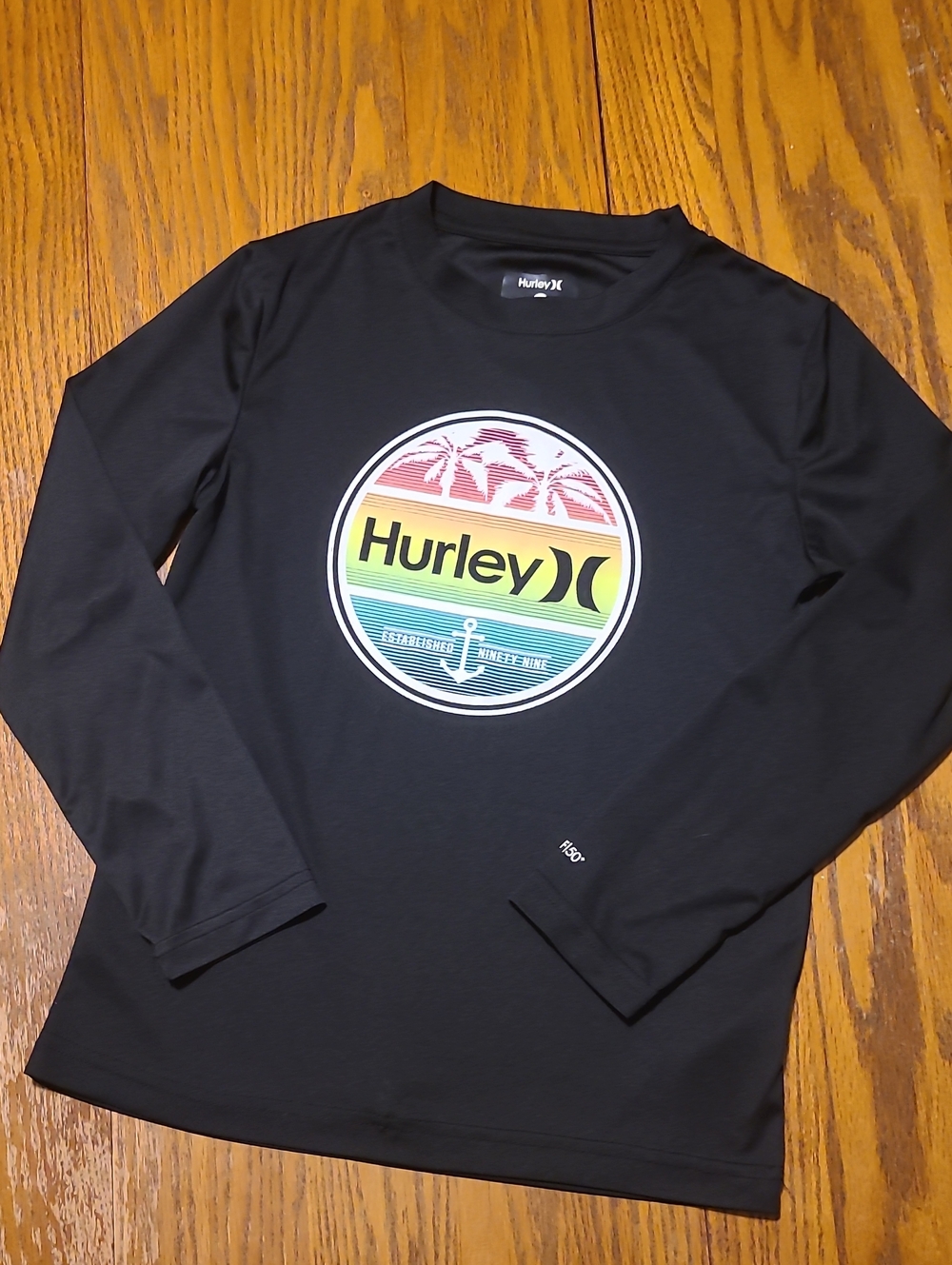 Hurley Black Long Sleeve Tee with Rainbow Palm Logo - Boy's 7/8
